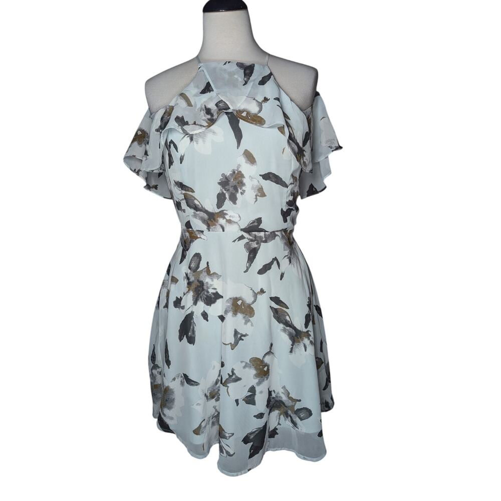 One Heart Clothing Women's M Mini Dress Blue Floral Off Shoulder Flutter Sleeves